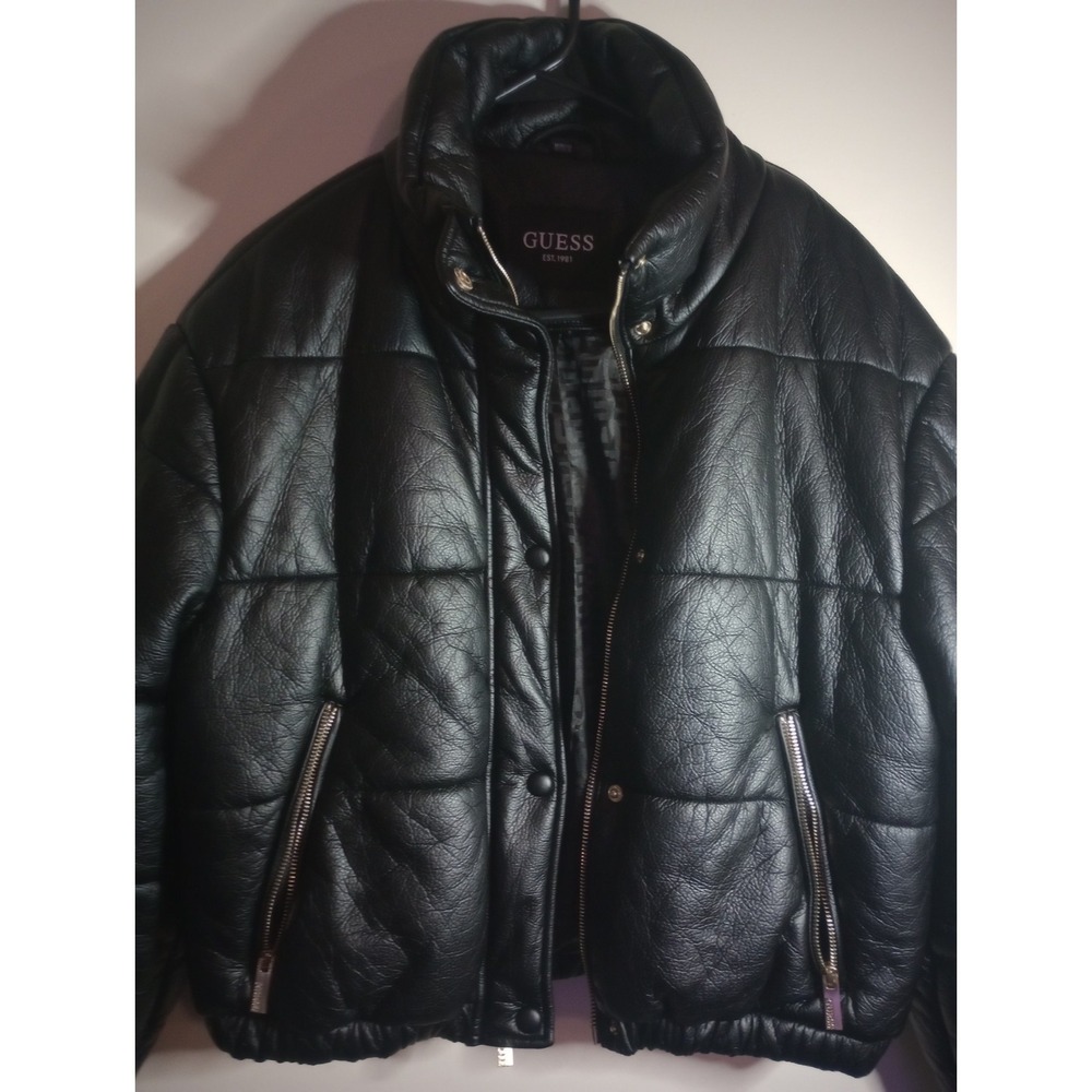 Vintage Guess Cropped Faux Leather Puffer Jacket Size Medium Women